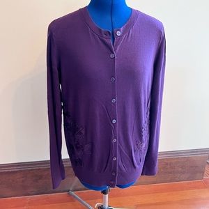 Loft Eggplant Purple Cardigan Sweater with Floral Feature